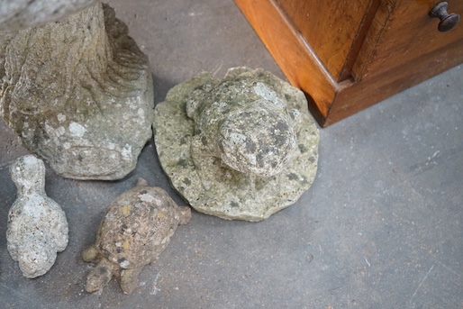 Two reconstituted stone garden bird baths, one moulded with squirrel and five stone garden animal ornaments, largest height 43cm